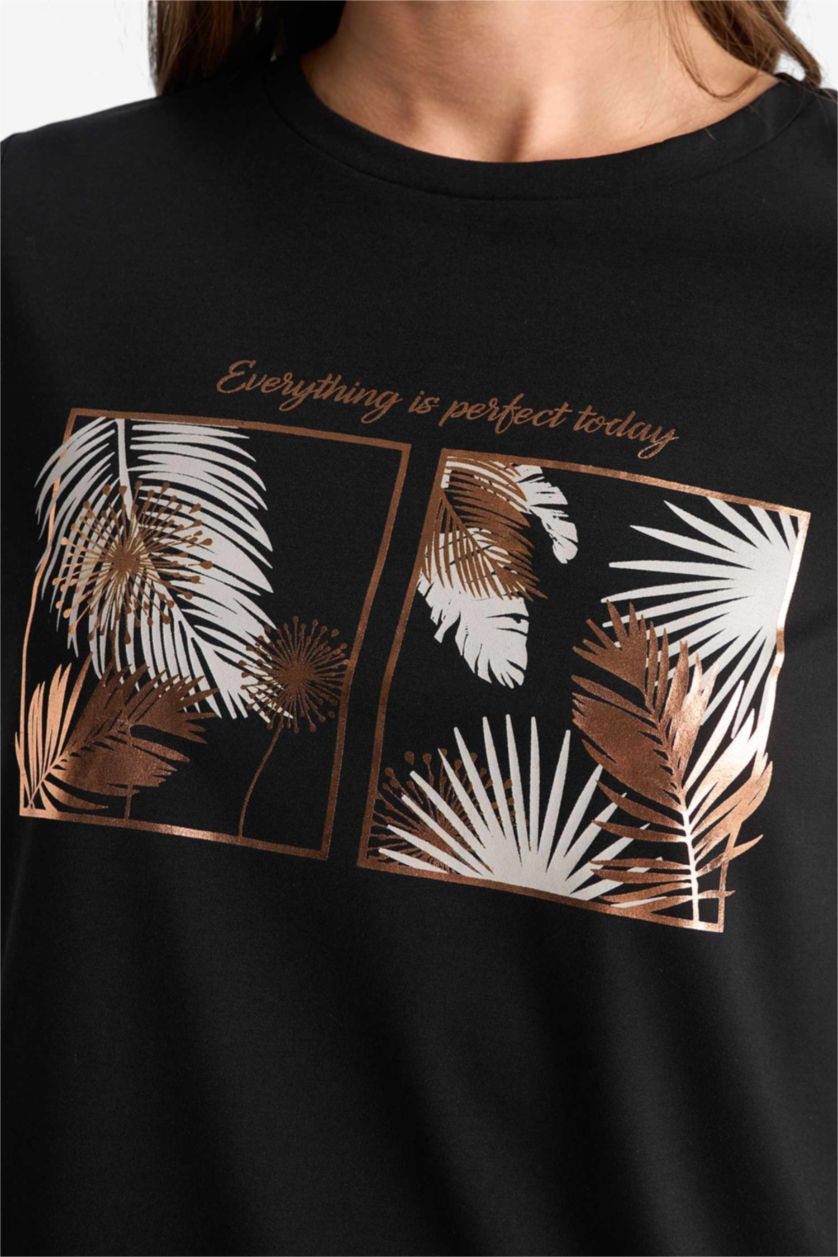 Woman Black Crew Neck Floral Short Sleeve T-Shirt