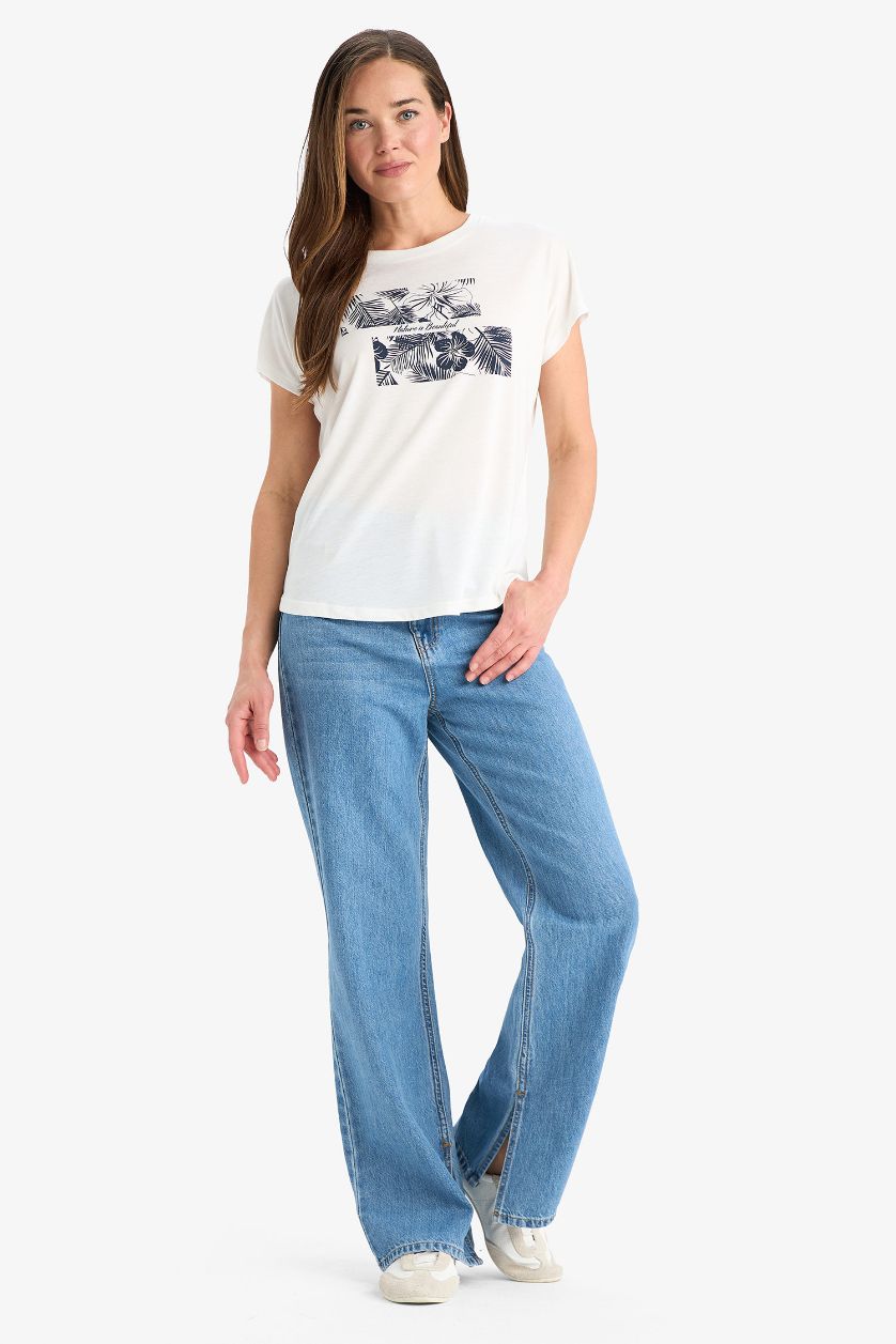 Woman Ecru Traditional Regular Fit Printed Short Sleeve T-Shirt