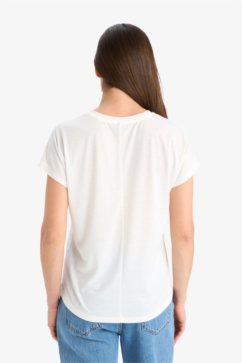 Woman Ecru Traditional Regular Fit Printed Short Sleeve T-Shirt