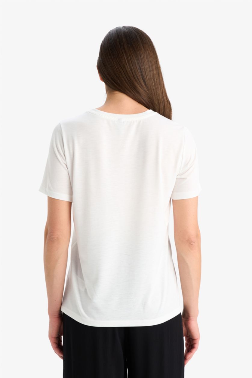 Woman Ecru Regular Fit Crew Neck Printed Short Sleeve T-Shirt