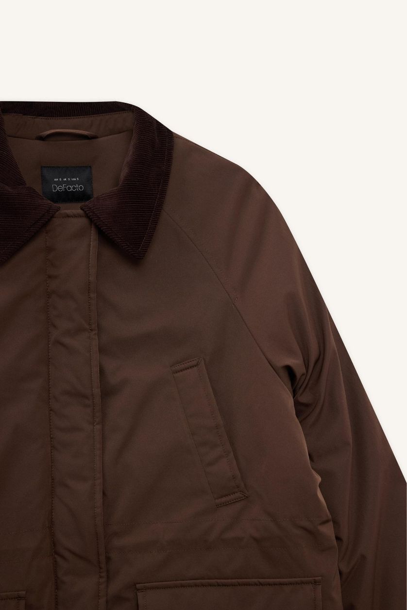 Kadın Kahve Regular Fit Kontrast Yaka Fermuarlı Parka