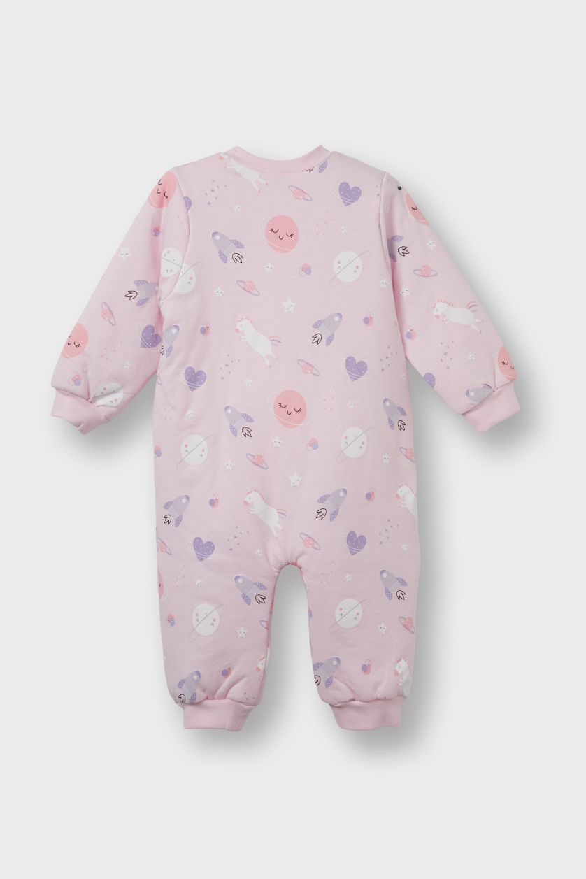 Kız Bebek Açık Pembe Kız Bebek 1,6 Tog Elyaf Desenli Fermuarlı Uzun Kollu Tulum