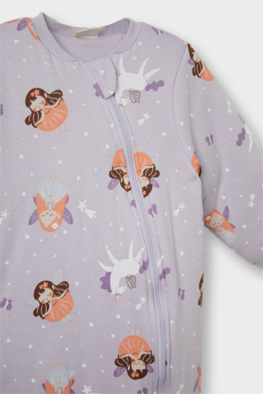 Kız Bebek Lila Kız Bebek 2,5 Tog Elyaf Desenli Fermuarlı Uzun Kollu Penye Tulum