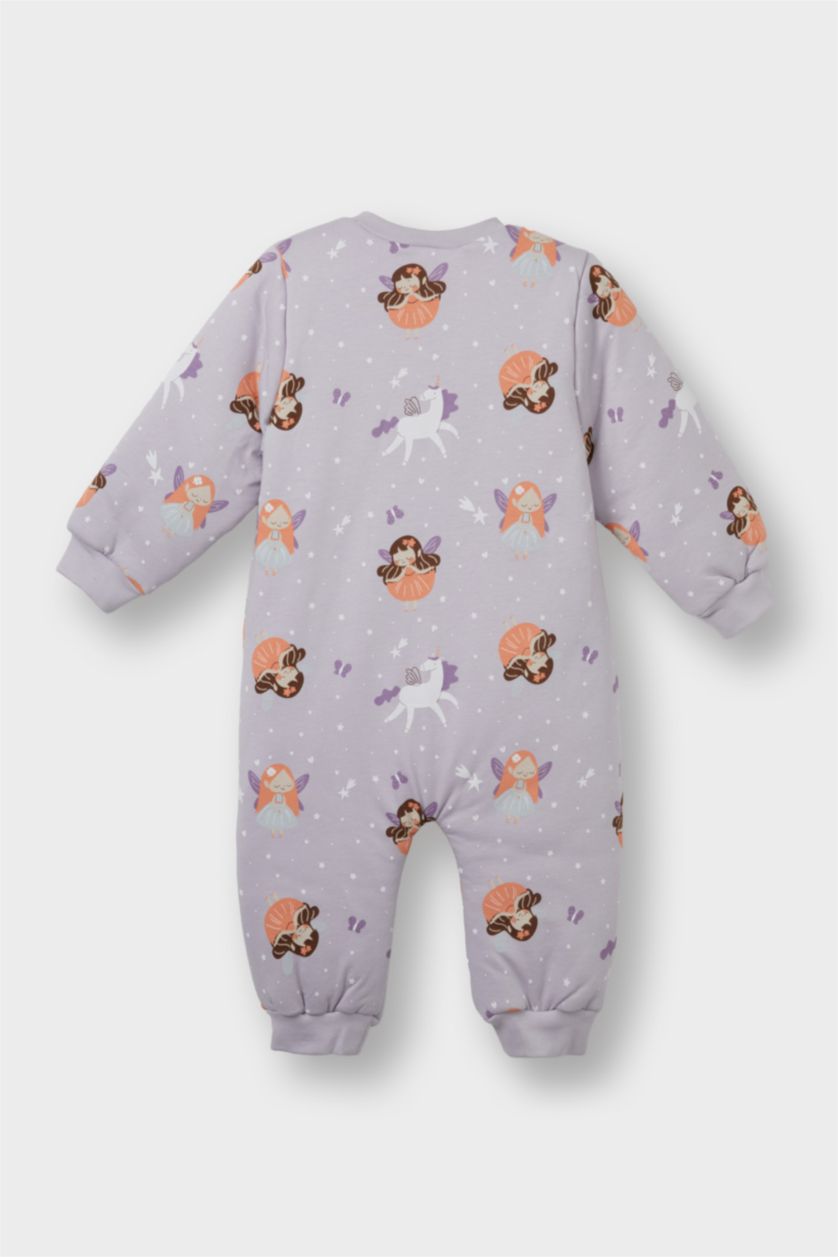 Kız Bebek Lila Kız Bebek 2,5 Tog Elyaf Desenli Fermuarlı Uzun Kollu Penye Tulum