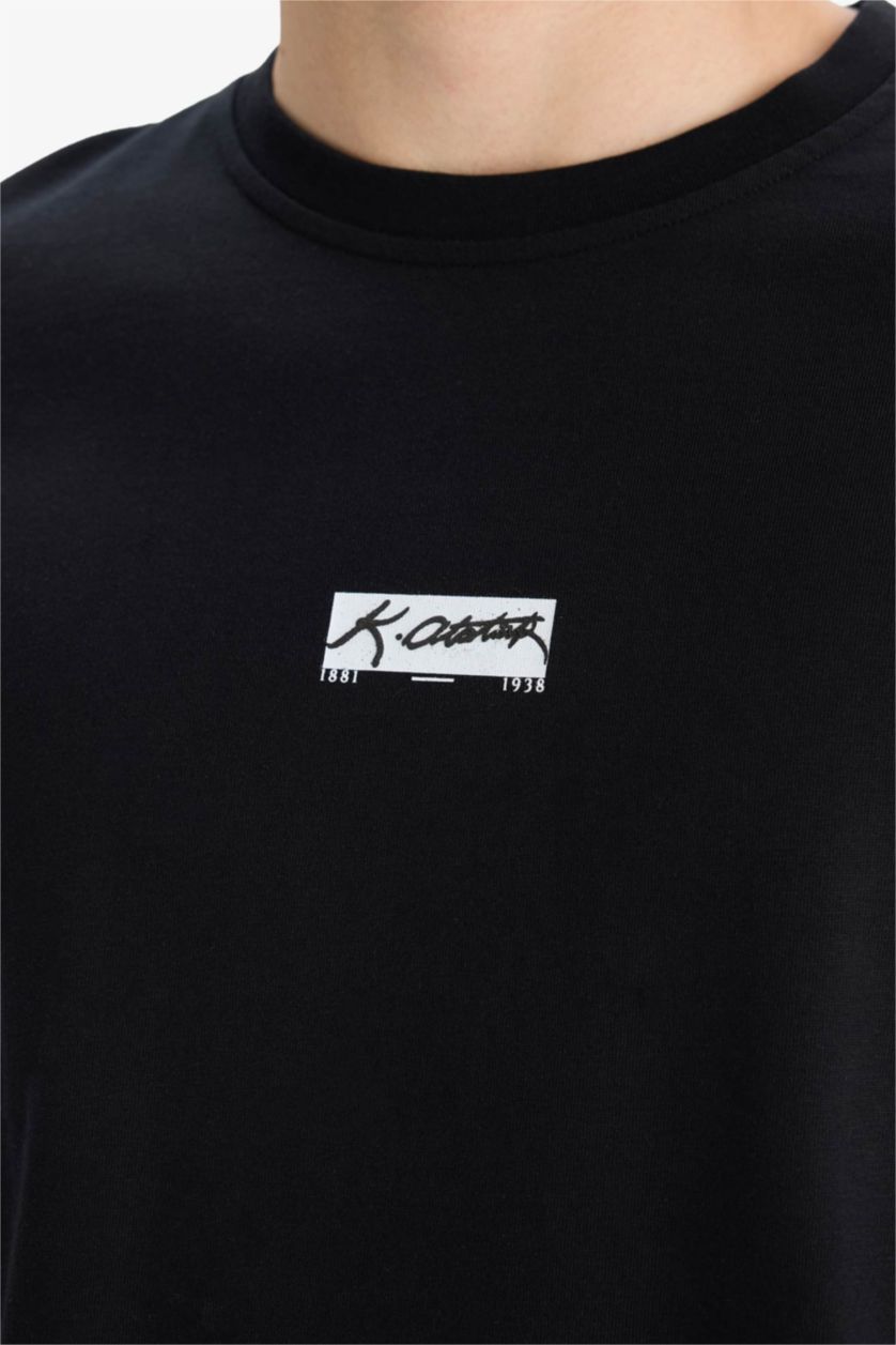 Erkek Siyah %100 Pamuk Regular Fit Bisiklet Yaka Atatürk Baskılı Kısa Kollu Tişört