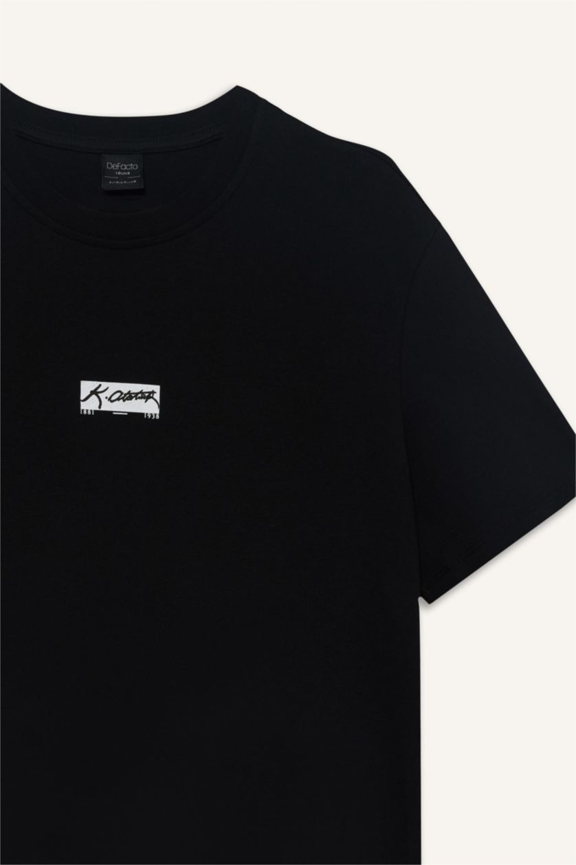 Erkek Siyah %100 Pamuk Regular Fit Bisiklet Yaka Atatürk Baskılı Kısa Kollu Tişört