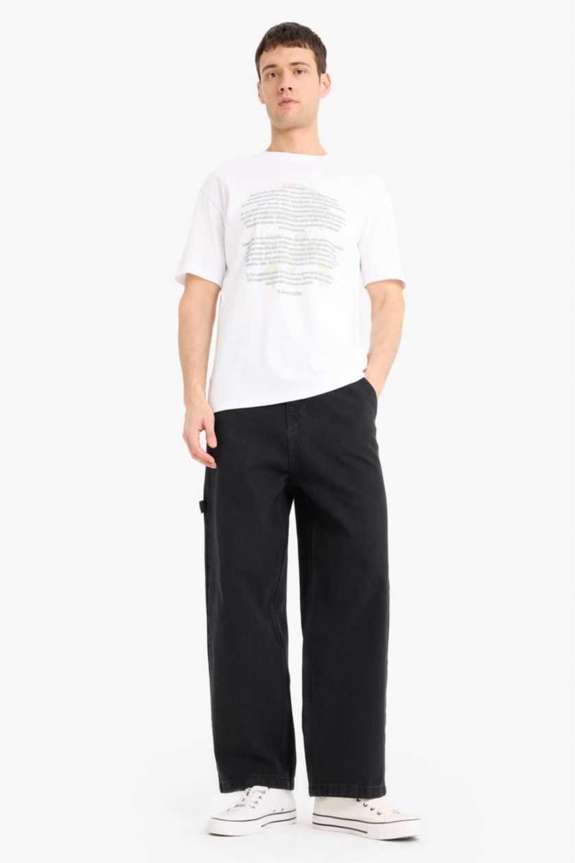 Erkek Beyaz %100 Pamuk Boxy Fit Bisiklet Yaka Kısa Kollu Tişört