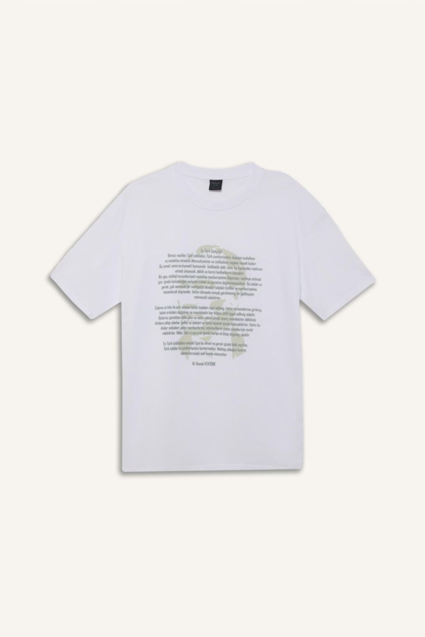 Erkek Beyaz %100 Pamuk Boxy Fit Bisiklet Yaka Kısa Kollu Tişört