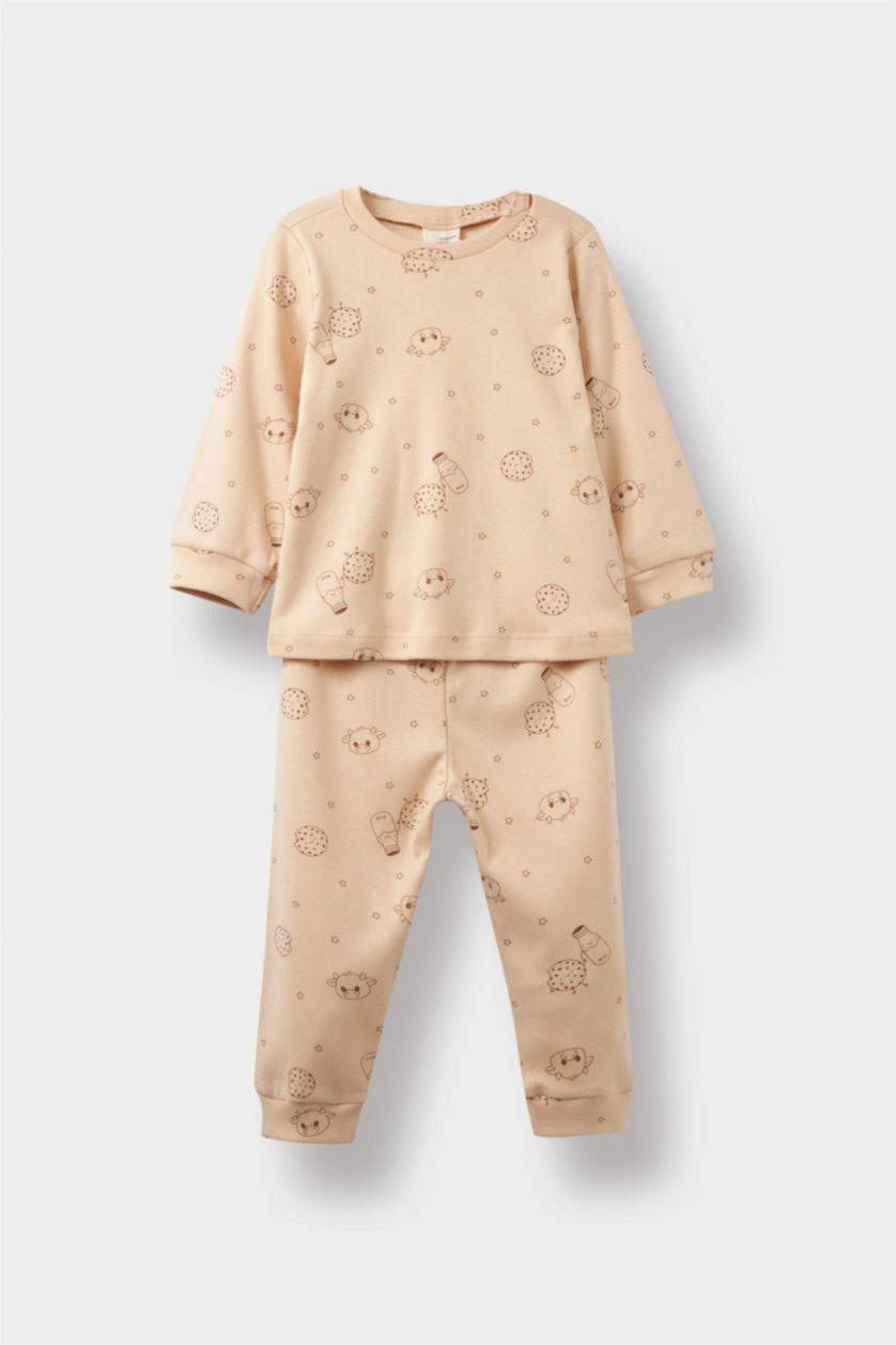 Erkek Bebek Bej Pijama Takımı Desenli Penye Uzun Kollu Üst Uzun Alt Erkek Bebek