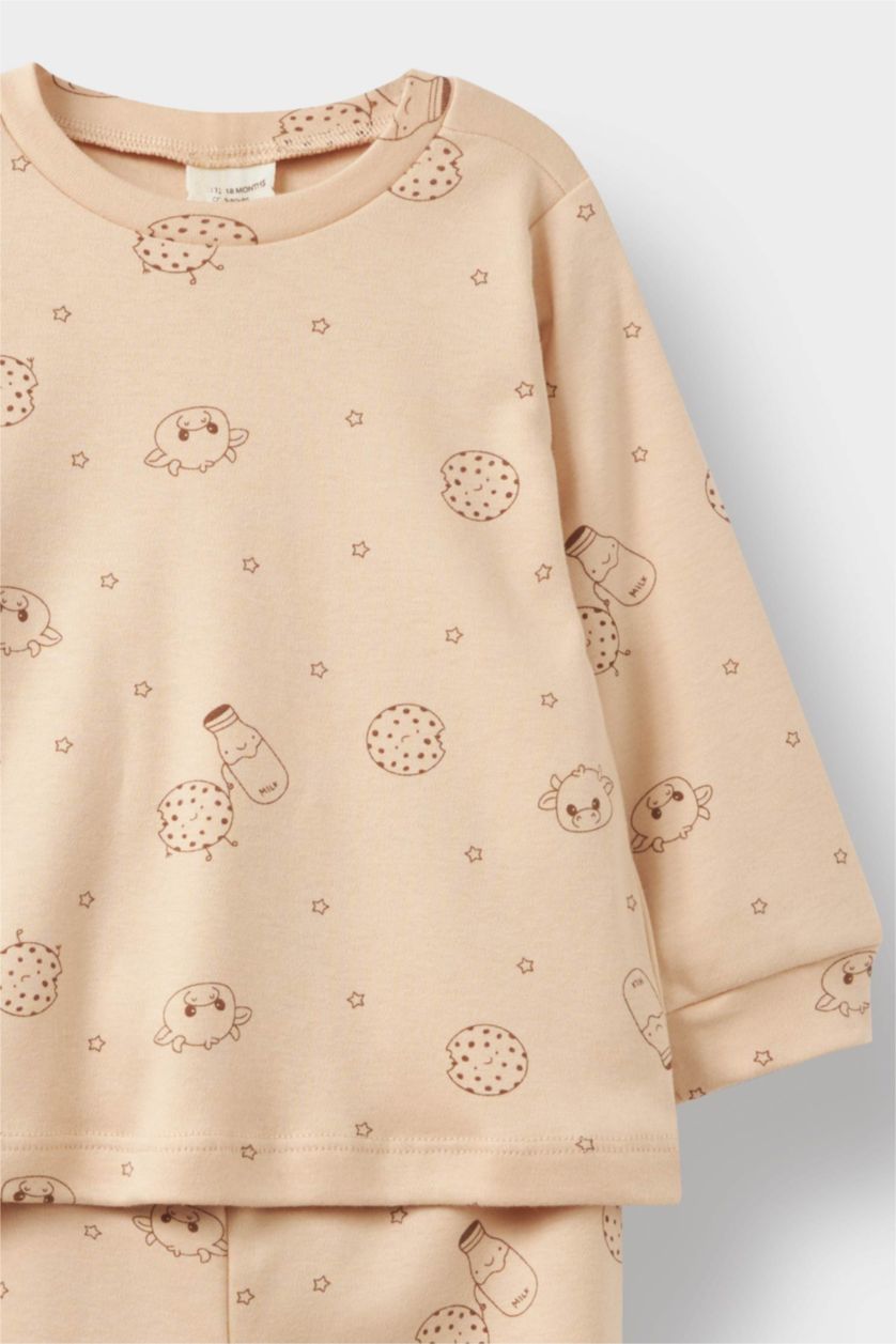 Erkek Bebek Bej Pijama Takımı Desenli Penye Uzun Kollu Üst Uzun Alt Erkek Bebek