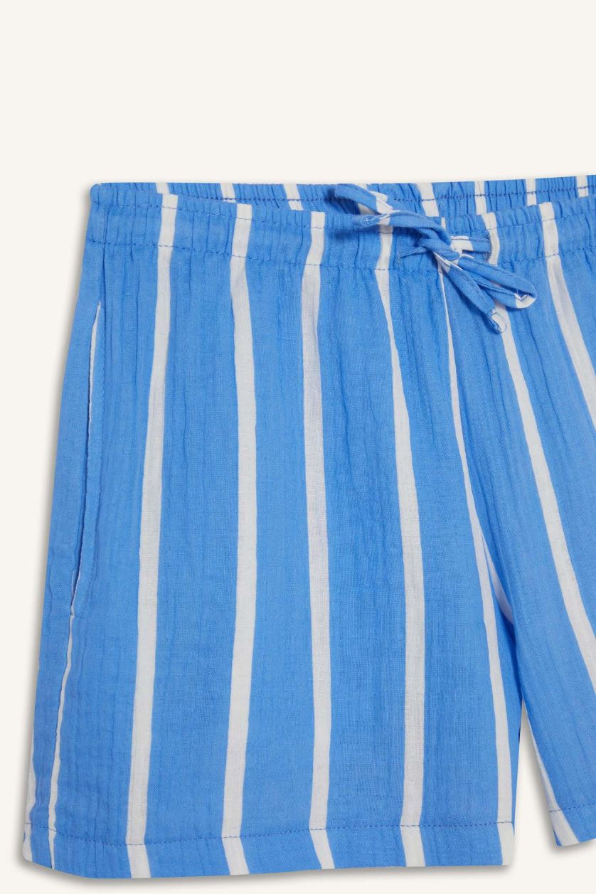 Kadın Mavi A Kesim Çizgili Normal Bel Cepli Müslin Şort
