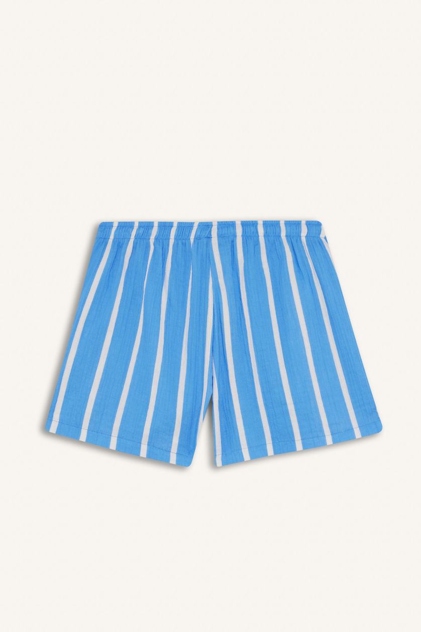Kadın Mavi A Kesim Çizgili Normal Bel Cepli Müslin Şort