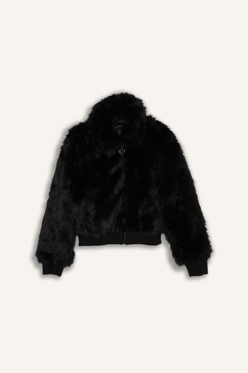 Kadın Siyah Regular Fit Fermuarlı Kısa Suni Kürk