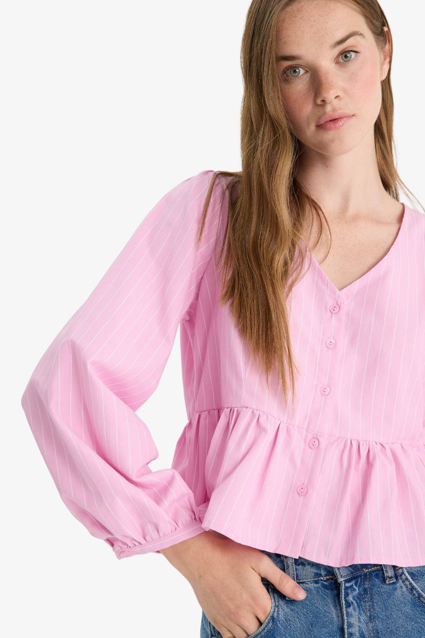 WOMAN Pink Regular Fit V-Neck Long Sleeve Blouse