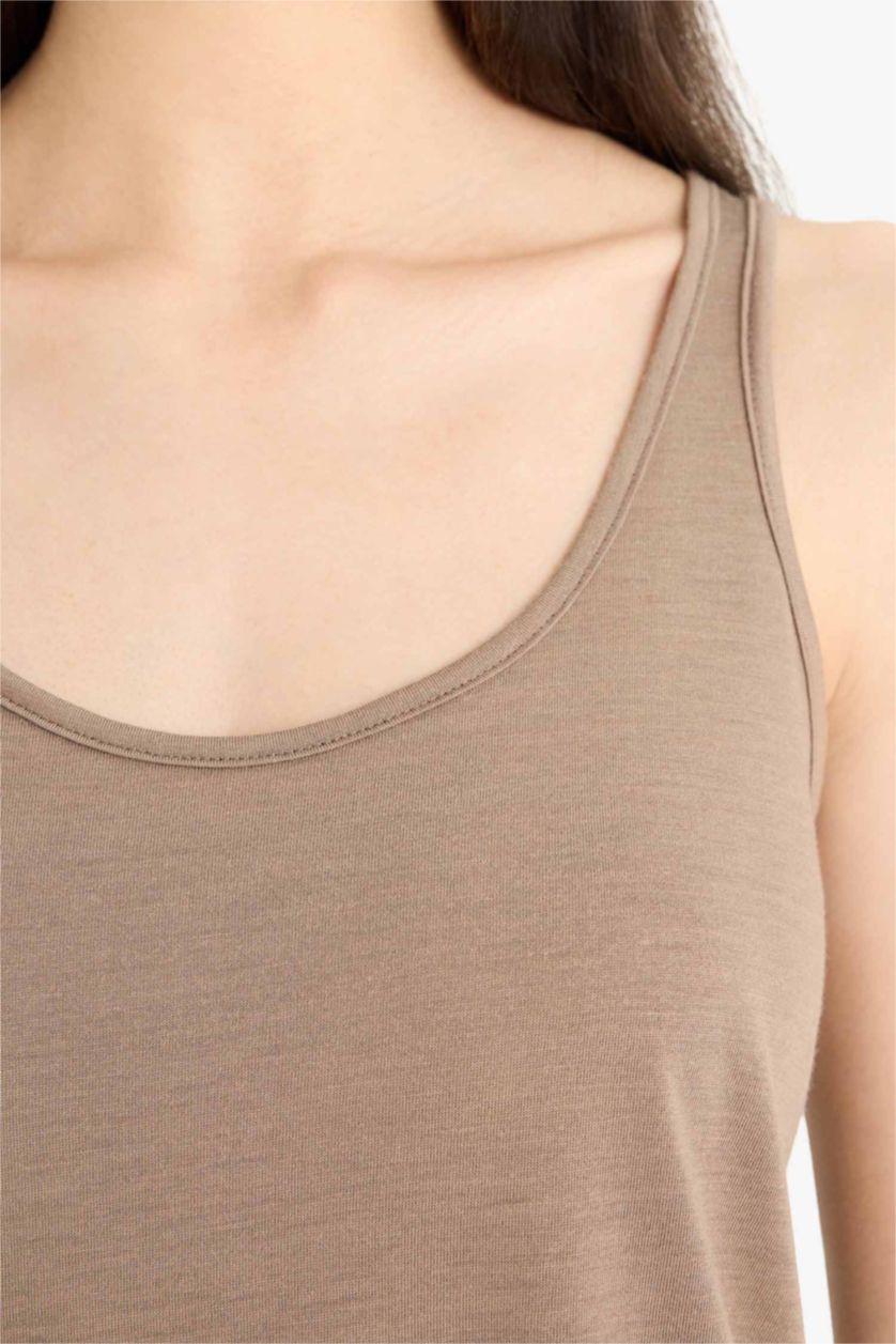 Kadın Açık Kahve Regular Fit Basic Düz Yuvarlak Yaka Atlet