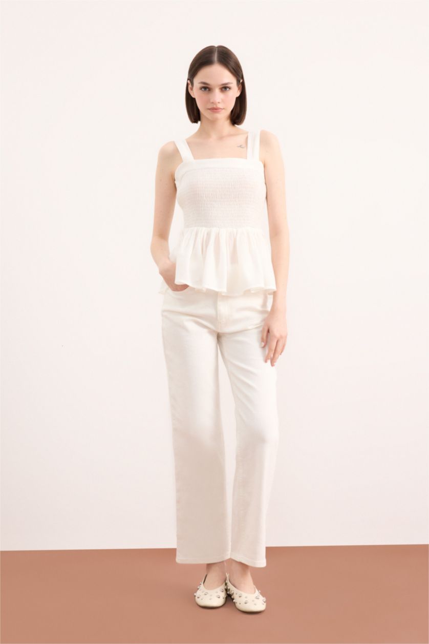 Женщины Бежевый Блузка с Каре Вырезом и Тканым Узором