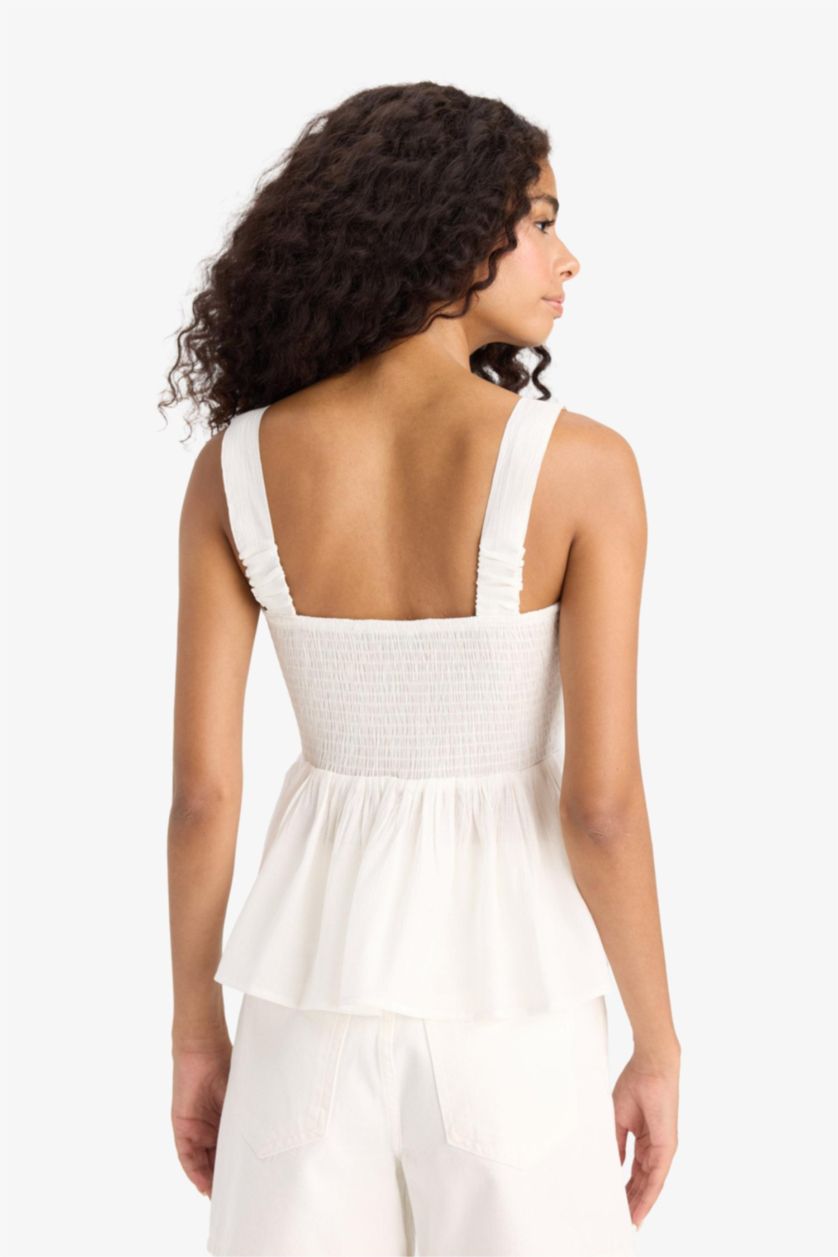 Женщины Бежевый Блузка с Каре Вырезом и Тканым Узором