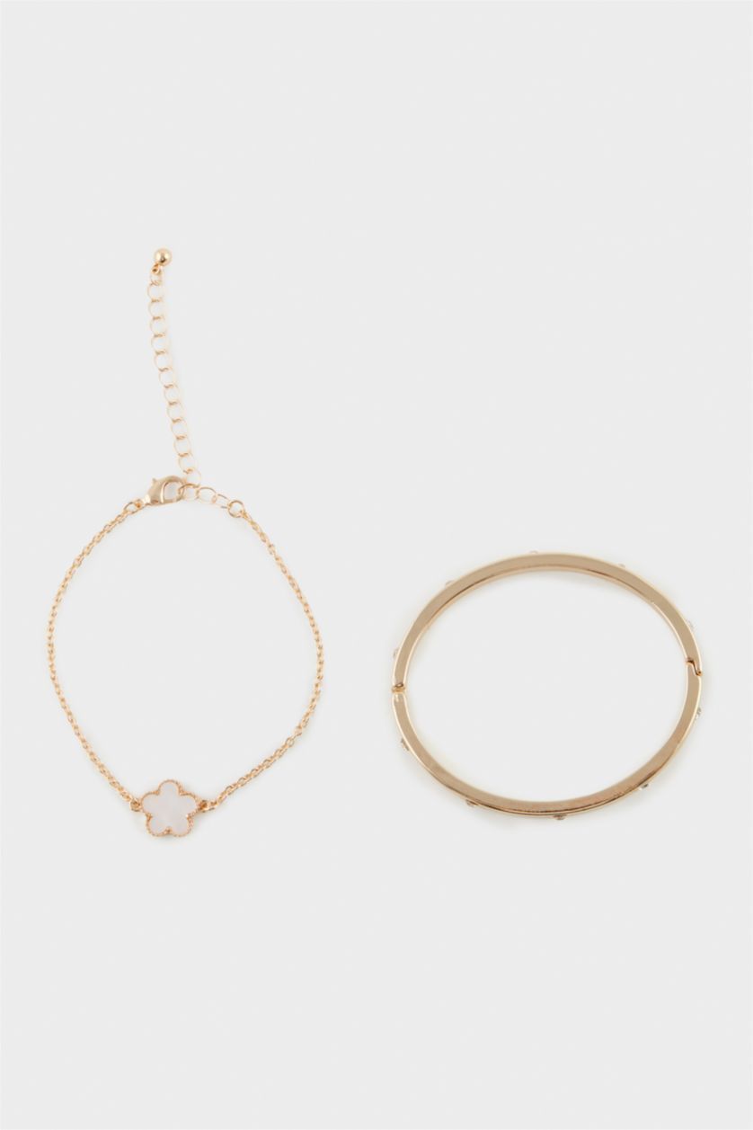 Kadın Altın Kadın 2'li Beyaz Çiçekli Gold Bileklik