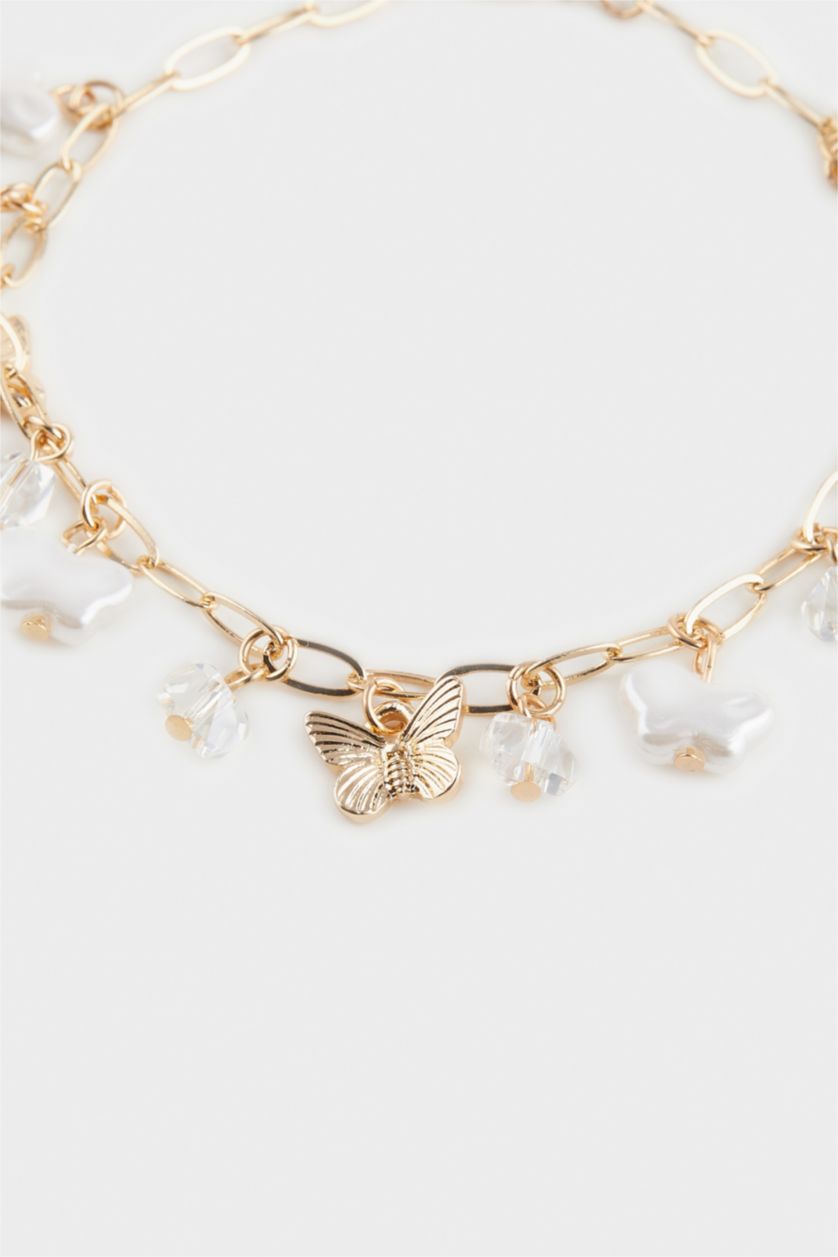 Женщины Разноцветный Женский браслет золотого цвета с подвеской в виде бабочки и жемчугом