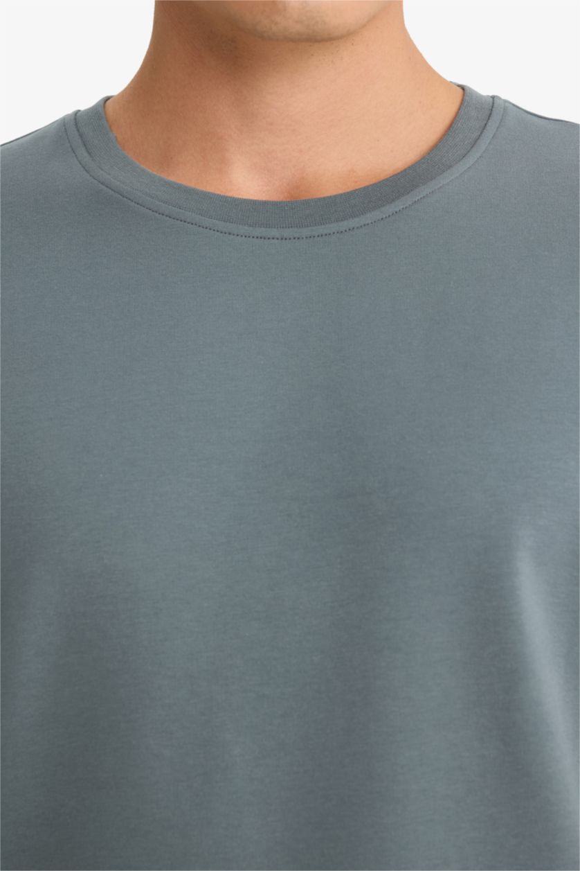 رجالي رمادي تيشيرت كم طويل سليم فيت ورقبة مستديرة