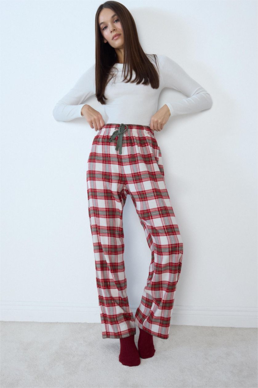 Kadın Bordo Regular Fit Uzun Boy Flanel Kareli Pijama Altı