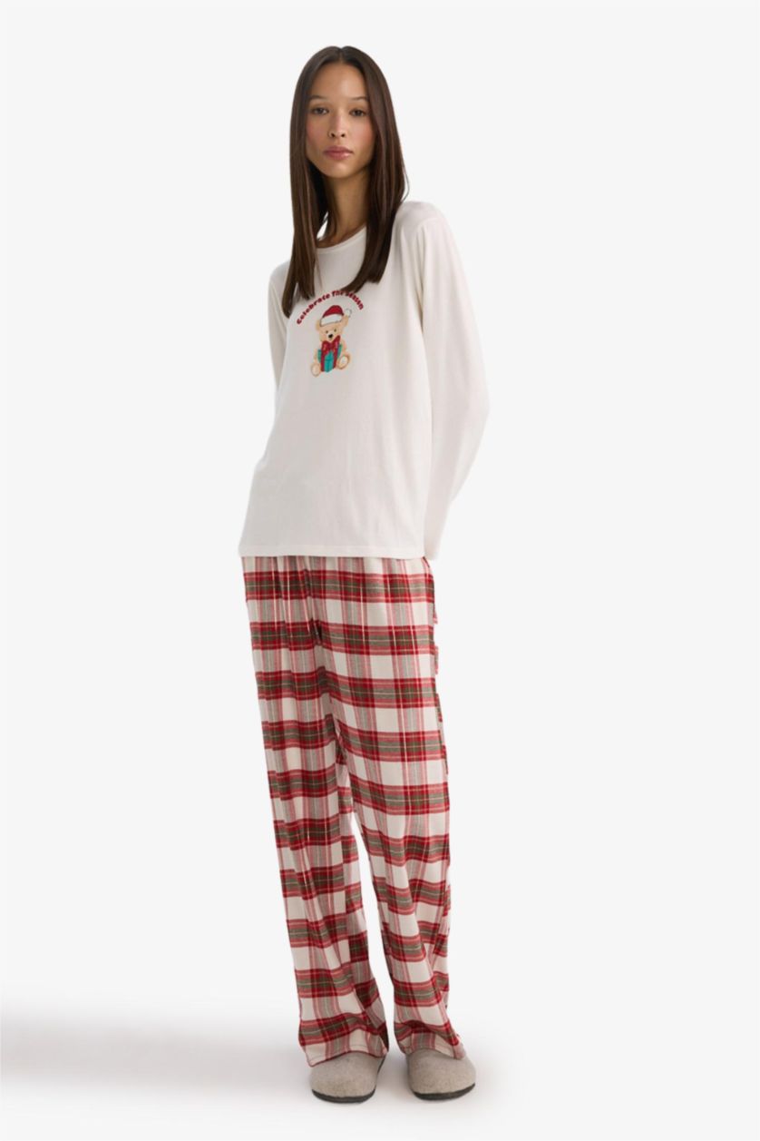 Kadın Bordo Regular Fit Uzun Boy Flanel Kareli Pijama Altı