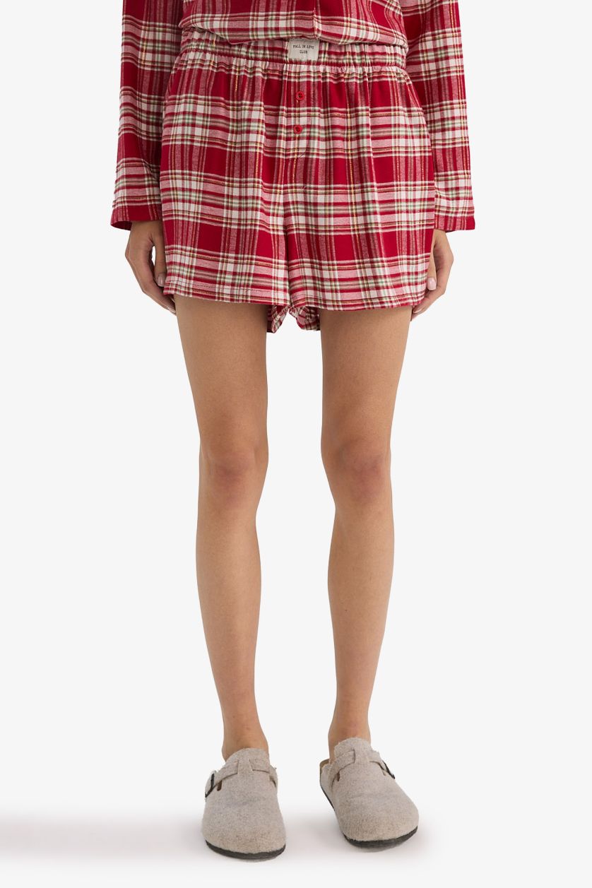 Kadın Bordo Regular Fit Flanel Kareli Şort Pijama Altı