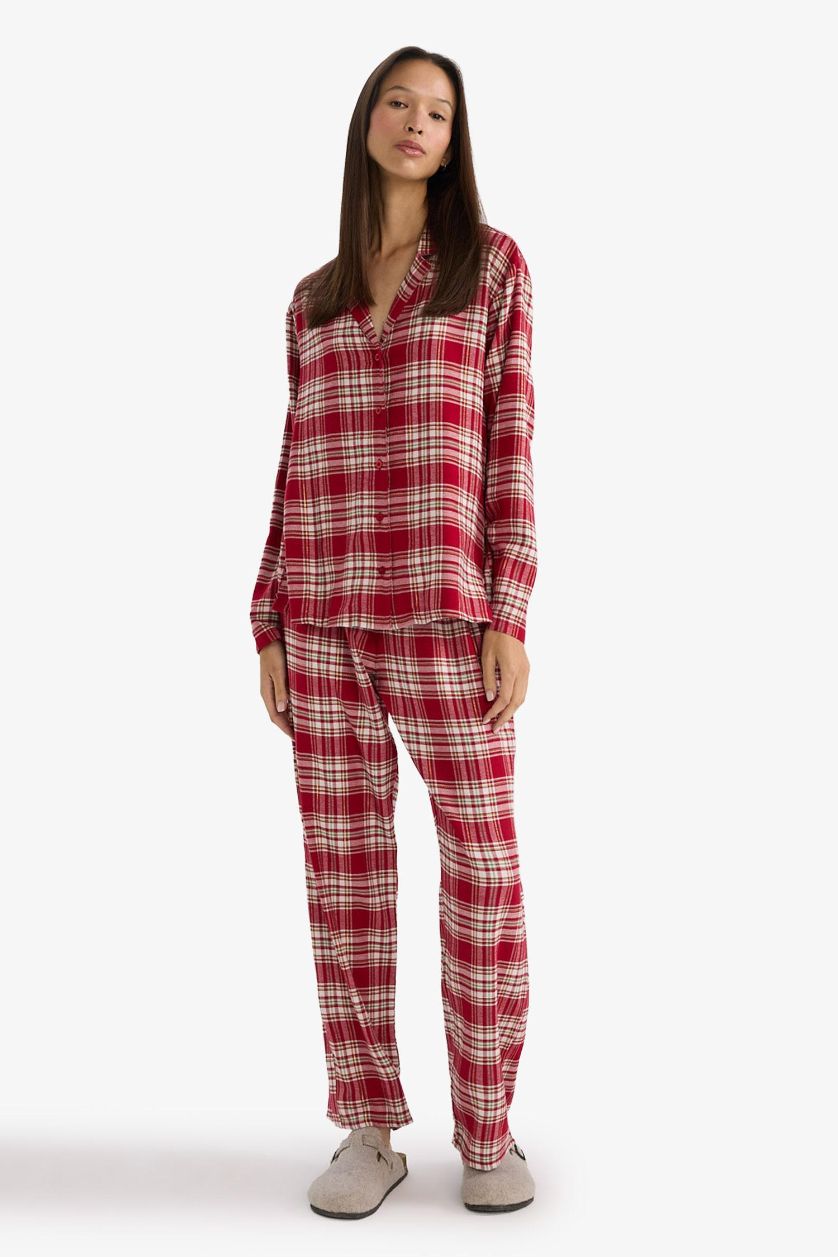Kadın Bordo Regular Fit Flanel Kareli Uzun Kollu Pijama Üstü