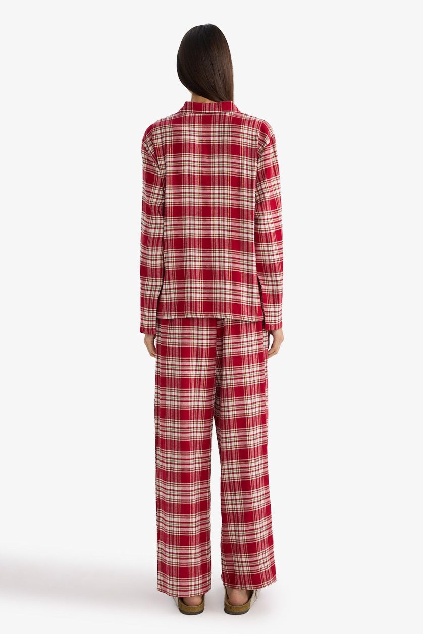 Kadın Bordo Regular Fit Flanel Kareli Uzun Kollu Pijama Üstü