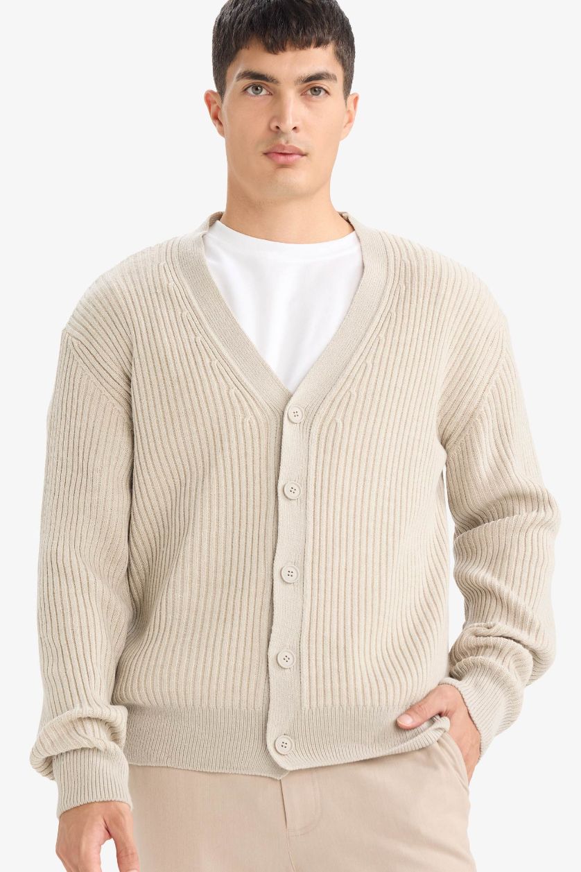 HOMME Beige Clair Cardigan en maille à col V et boutons Coupe régulière