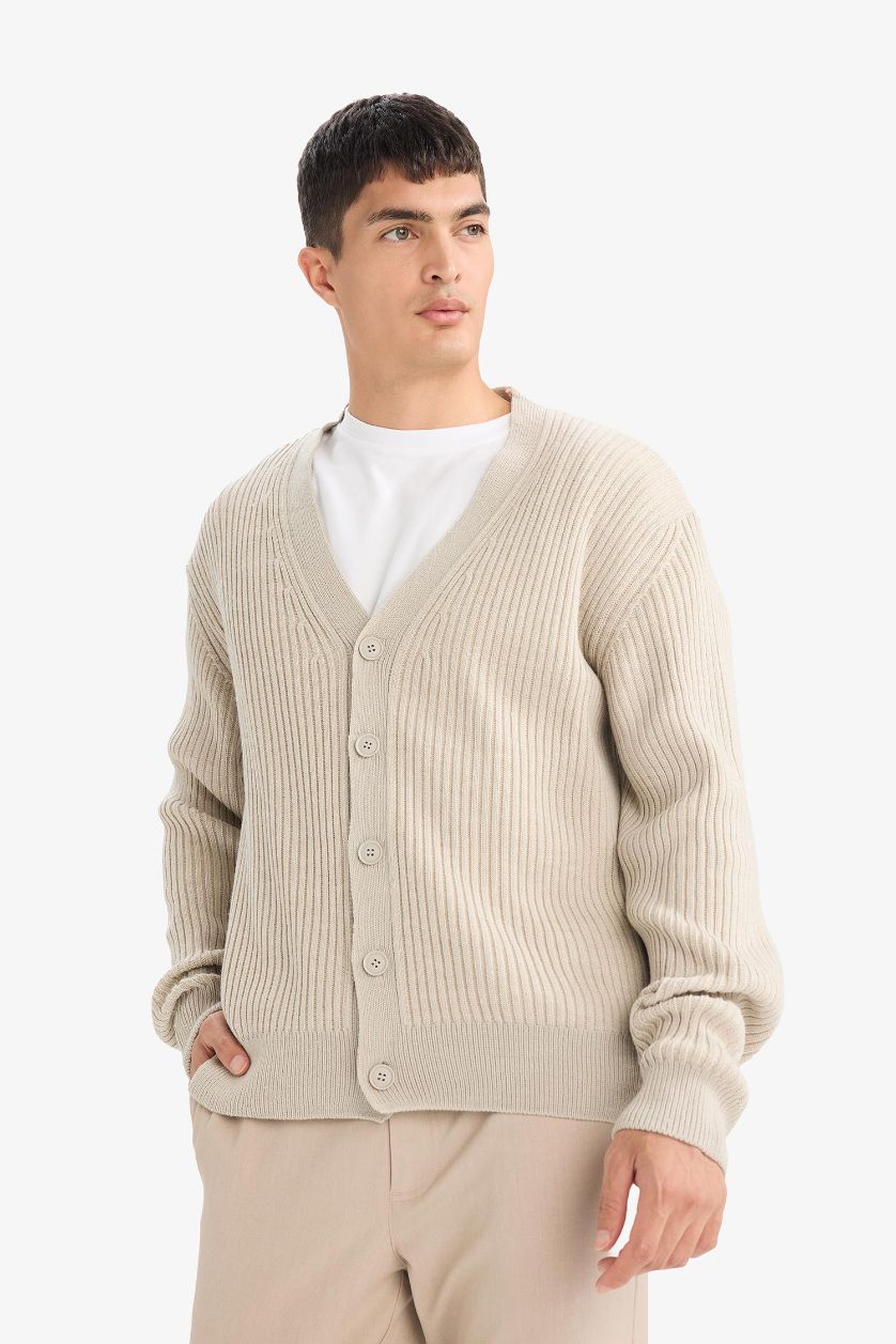 HOMME Beige Clair Cardigan en maille à col V et boutons Coupe régulière