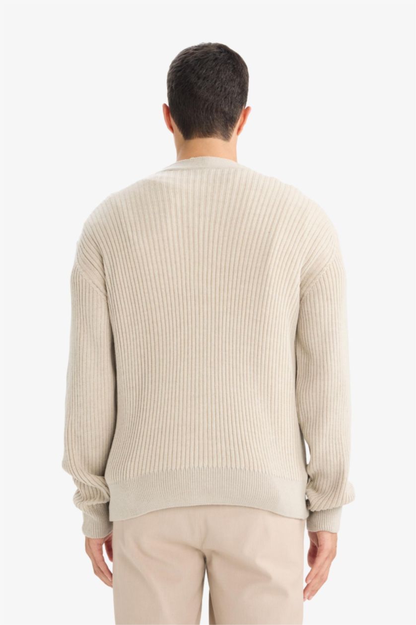HOMME Beige Clair Cardigan en maille à col V et boutons Coupe régulière