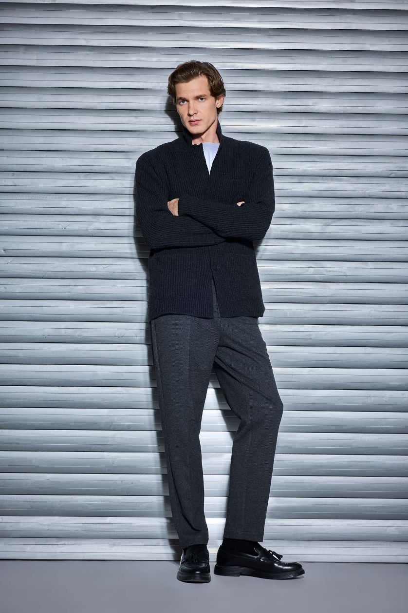 رجالي ميلانج أنثرا كارديجان تريكو قصة عادية وياقة جاكيت