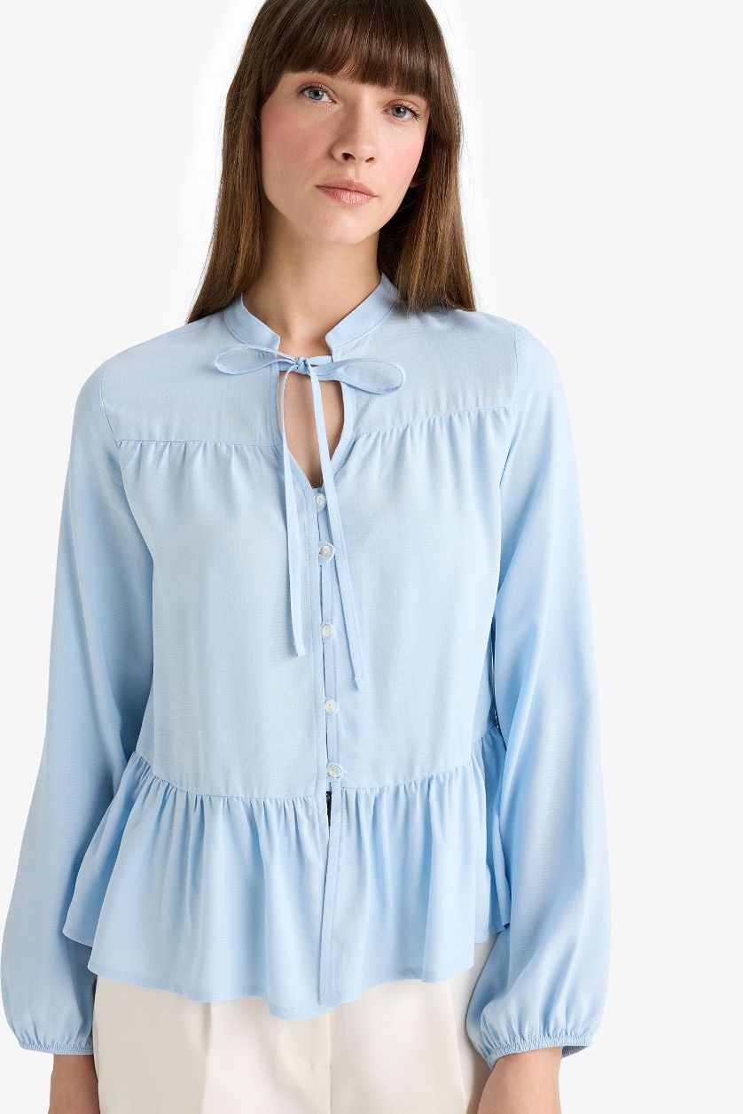 WOMAN Light Blue Regular Fit Crew Neck Long Sleeve Shirt