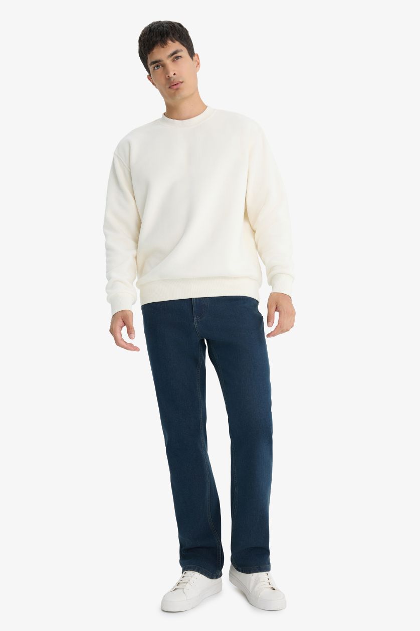 Erkek Ekru Relax Fıt Bisiklet Yaka Polar Sweatshirt