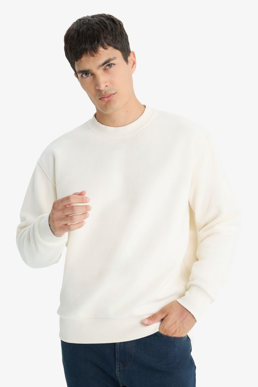 Erkek Ekru Relax Fıt Bisiklet Yaka Polar Sweatshirt