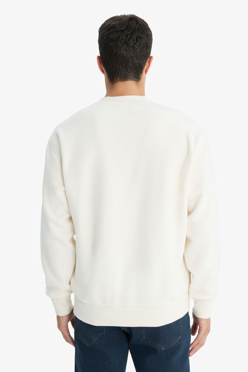 Erkek Ekru Relax Fıt Bisiklet Yaka Polar Sweatshirt