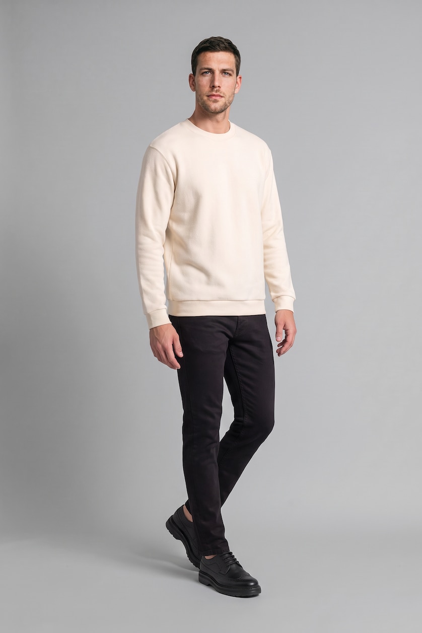 Erkek Ekru Relax Fıt Polar Basic Sweatshirt