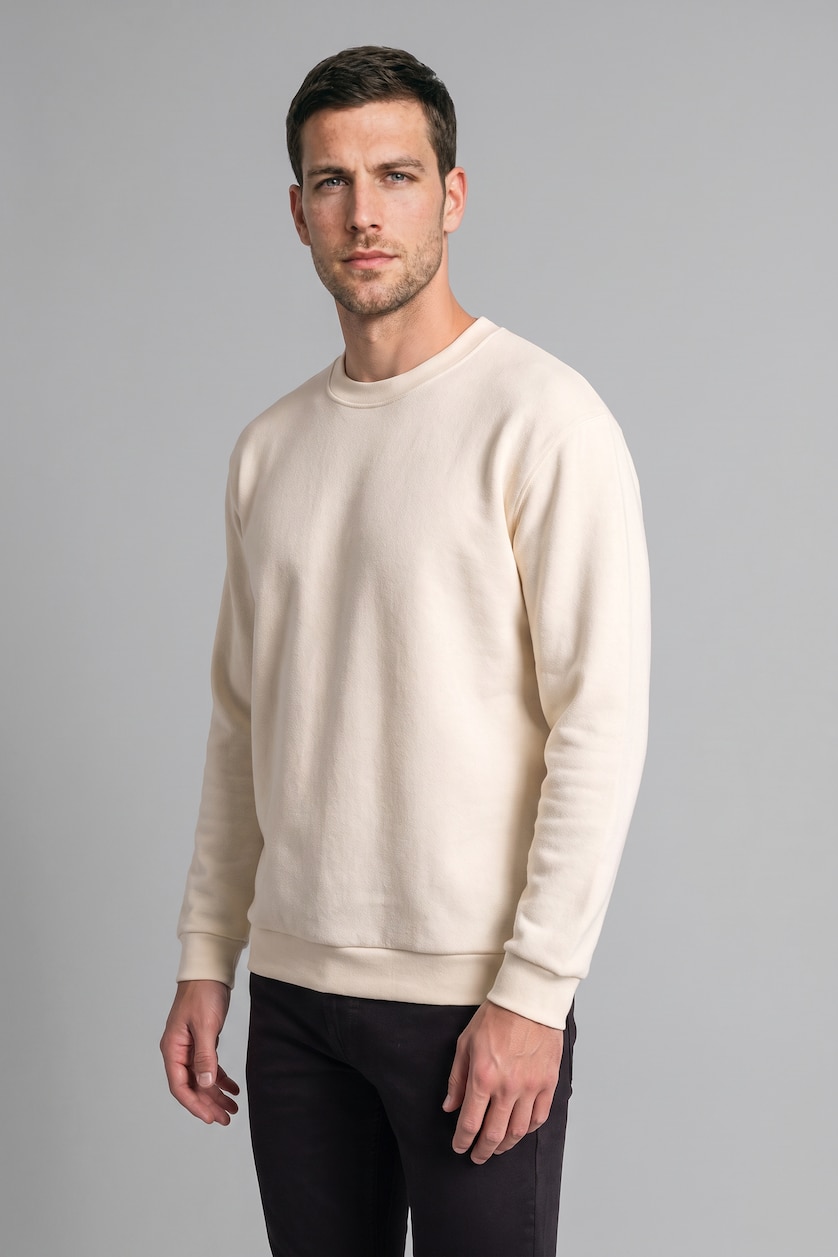Erkek Ekru Relax Fıt Polar Basic Sweatshirt