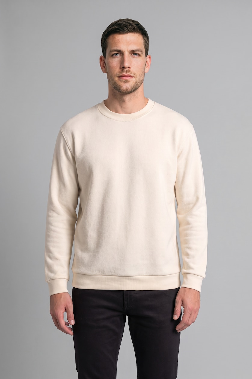 Erkek Ekru Relax Fıt Polar Basic Sweatshirt