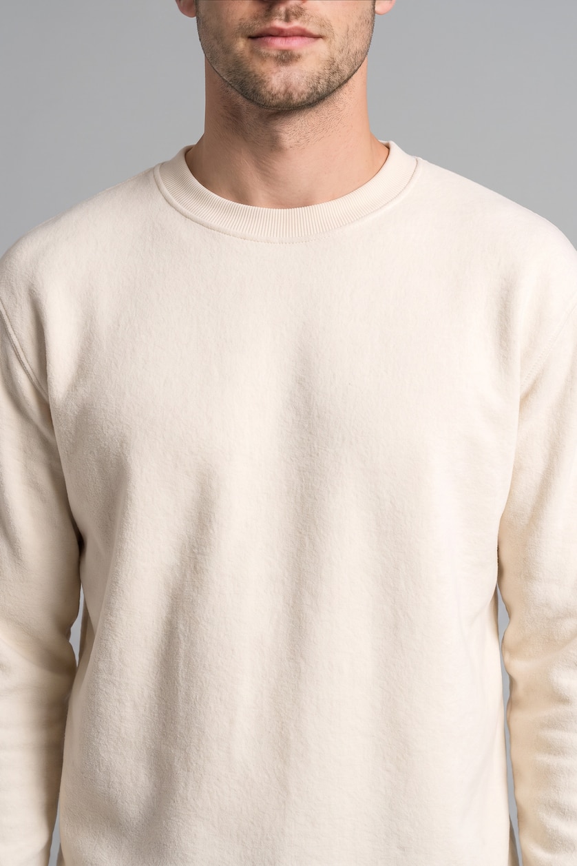 Erkek Ekru Relax Fıt Polar Basic Sweatshirt