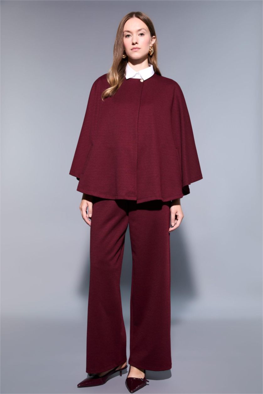 Kadın Bordo Regular Fit Bisiklet Yaka Cepli Pelerin Hırka