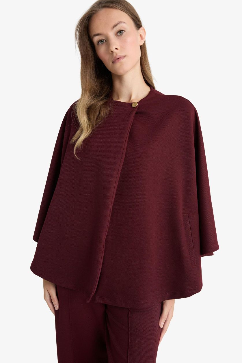 Kadın Bordo Regular Fit Bisiklet Yaka Cepli Pelerin Hırka