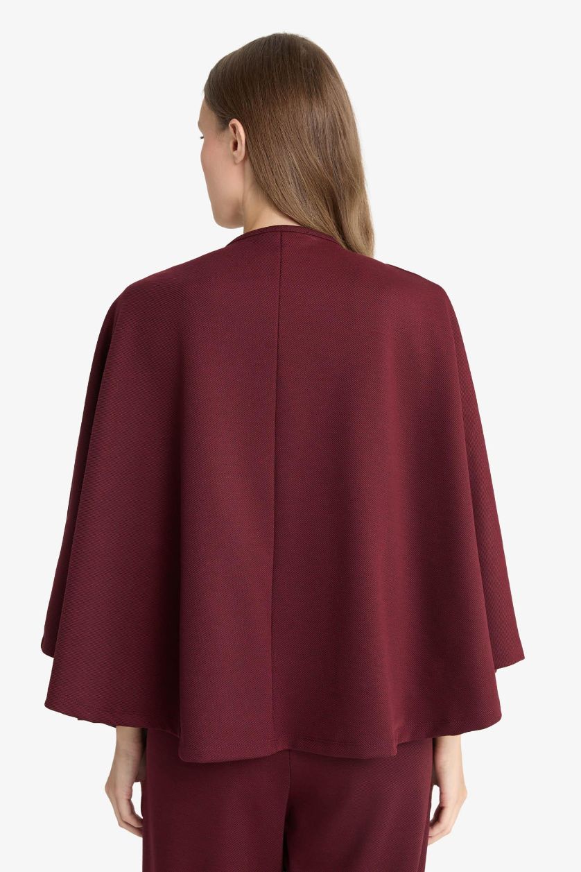 Kadın Bordo Regular Fit Bisiklet Yaka Cepli Pelerin Hırka