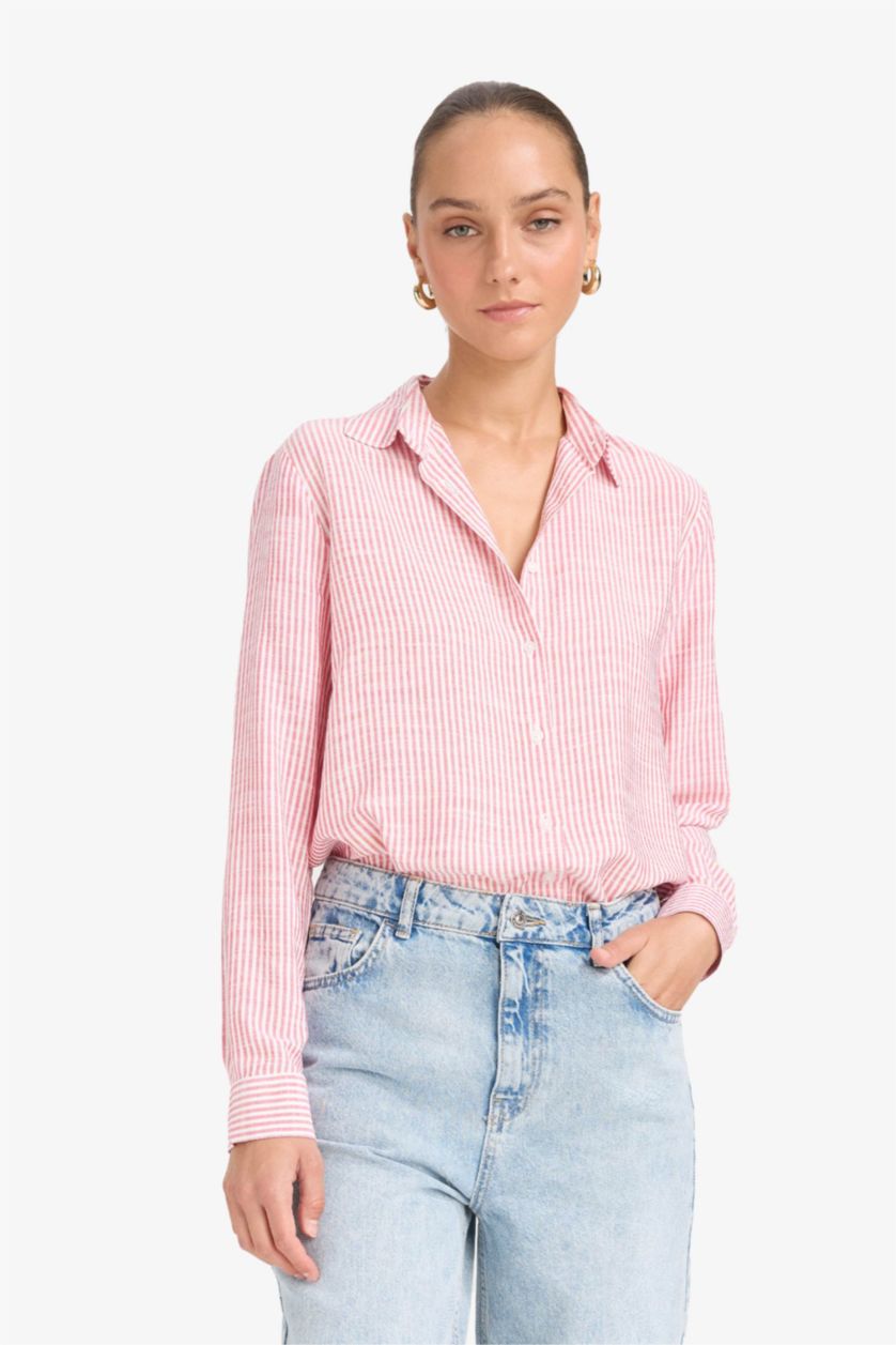 حريمي أحمر قميص كم طويل بينك قصة عادية