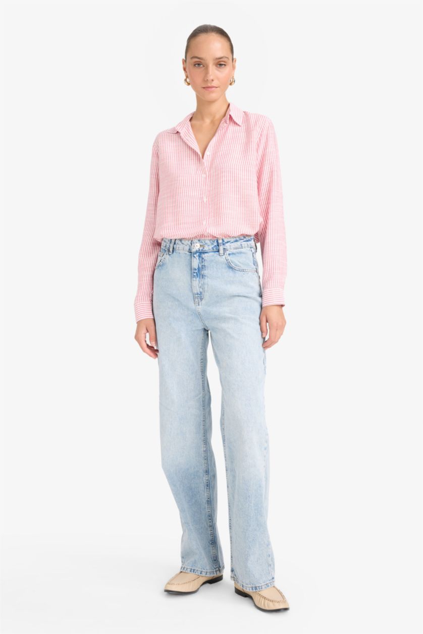 حريمي أحمر قميص كم طويل بينك قصة عادية