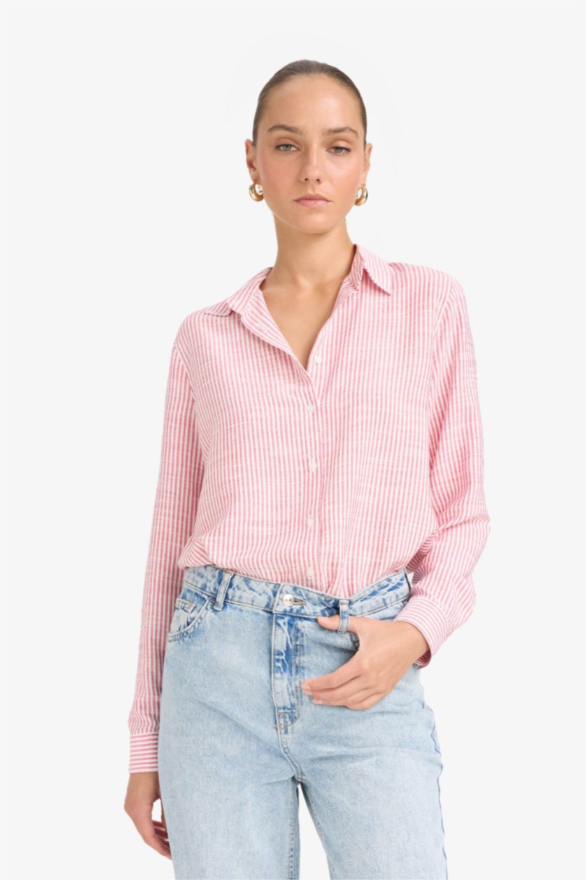 حريمي أحمر قميص كم طويل بينك قصة عادية