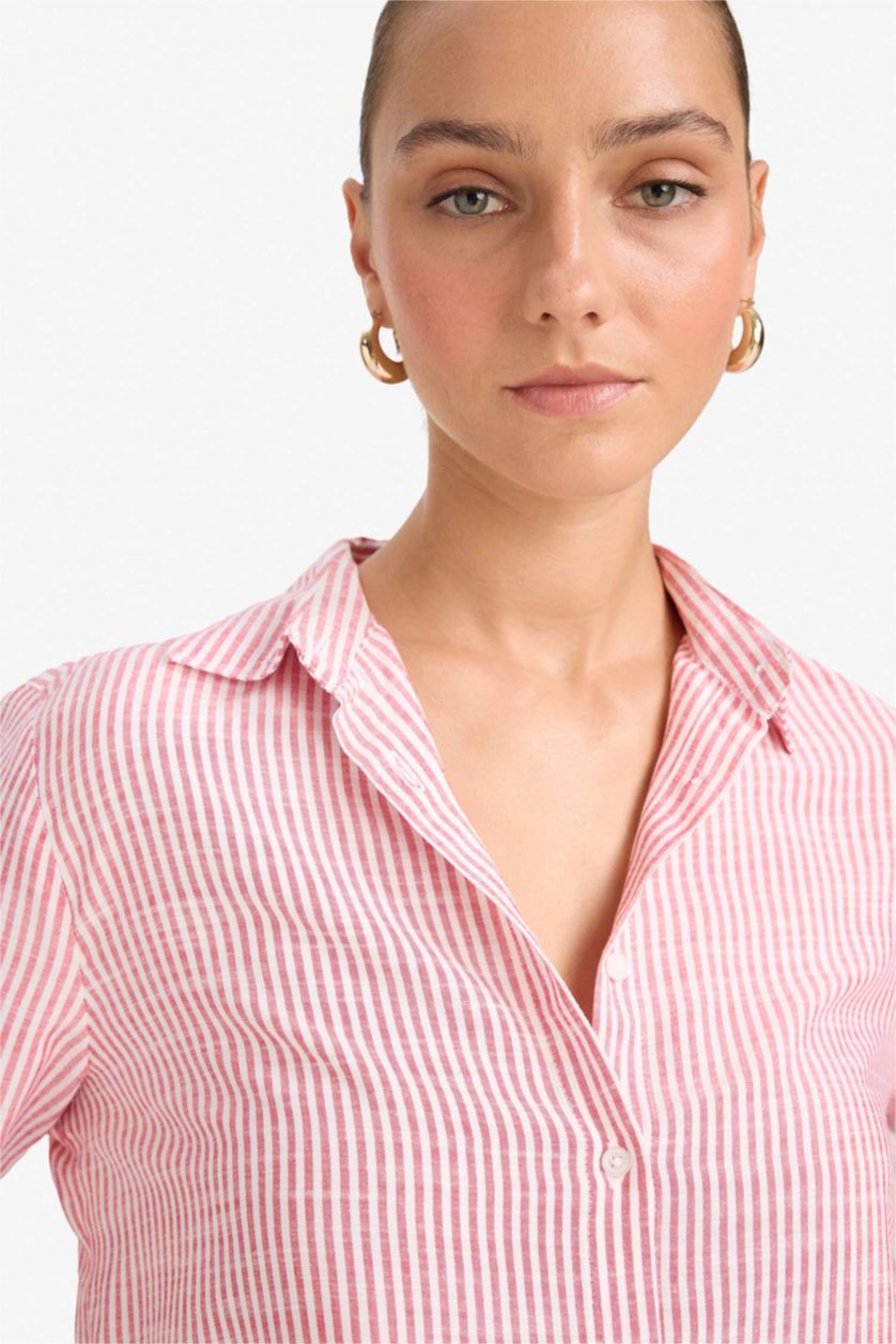 حريمي أحمر قميص كم طويل بينك قصة عادية