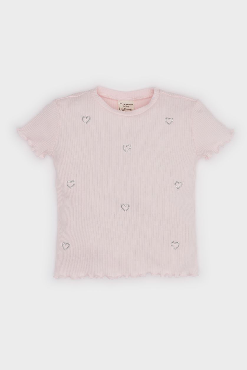 BABY GIRL Light Pink Baby Girl Crew Neck Heart Patterned T-Shirt