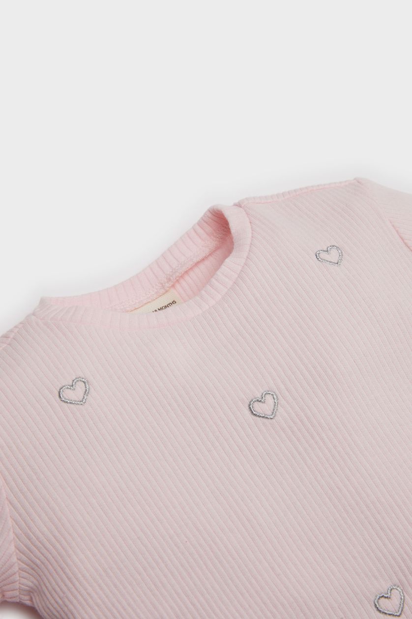 BABY GIRL Light Pink Baby Girl Crew Neck Heart Patterned T-Shirt